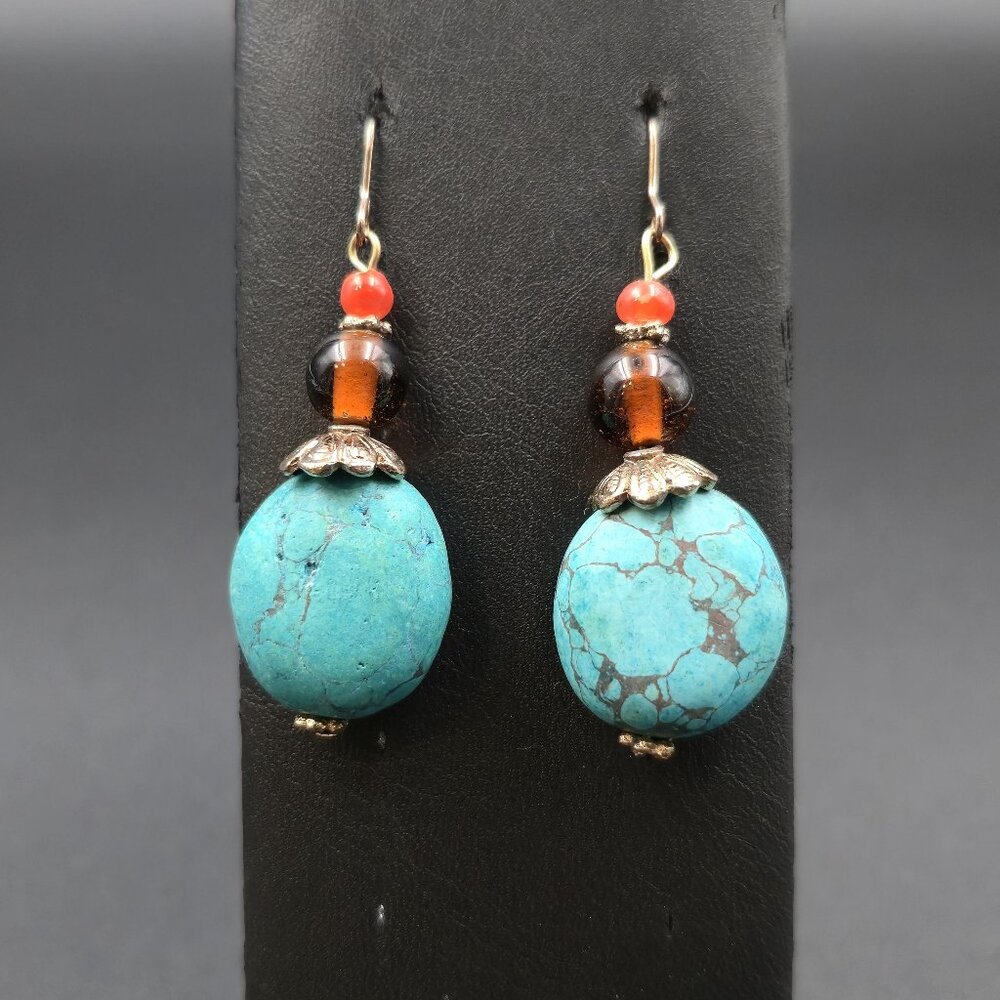 Worn Gold Plated Magnesite Stone And Glass Earrings A6854